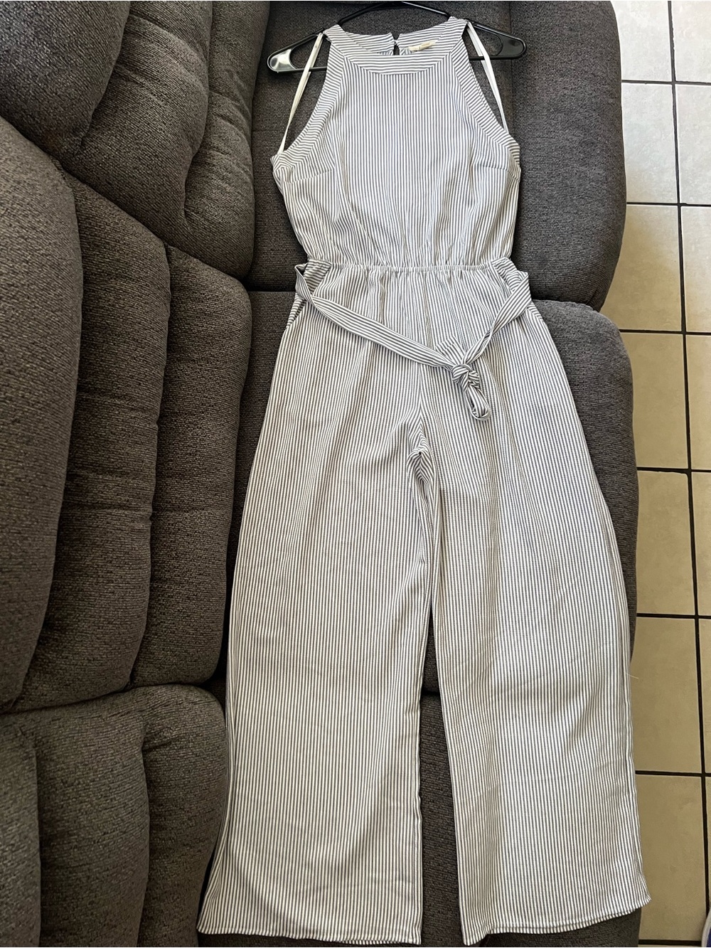Monteau White and Gray Pinstripe Halter Jumpsuit with Waist Tie